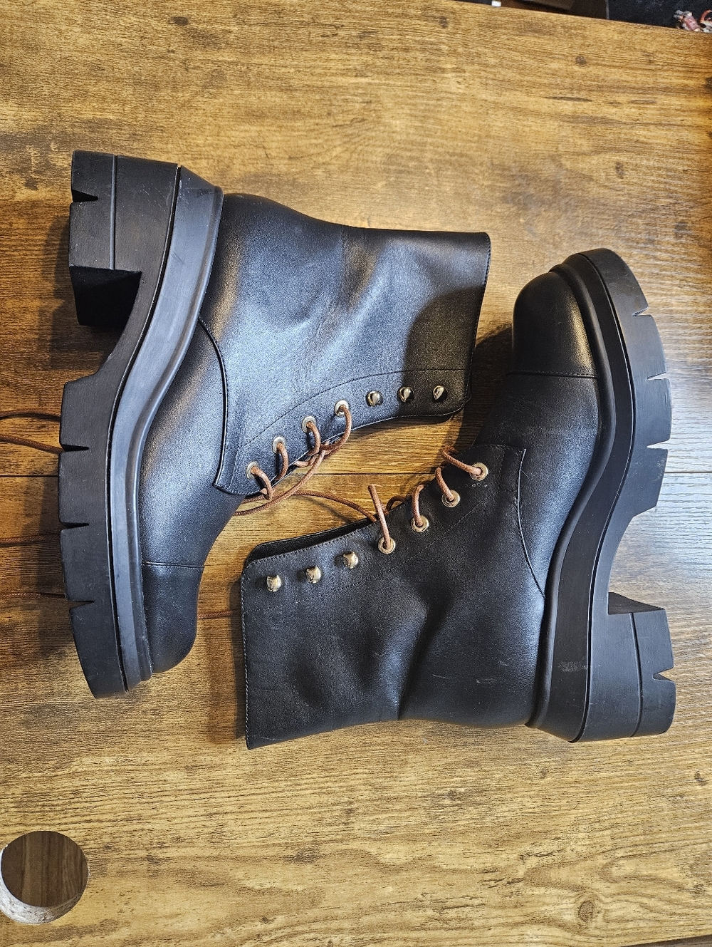 Stuart Weitzman Nisha Black Leather Lug Sole Lace Up Combat Boots Size 7C NEW